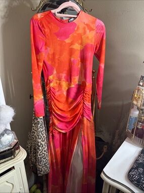 RNWY Long Sleeve Pink-Orange Ruched dress